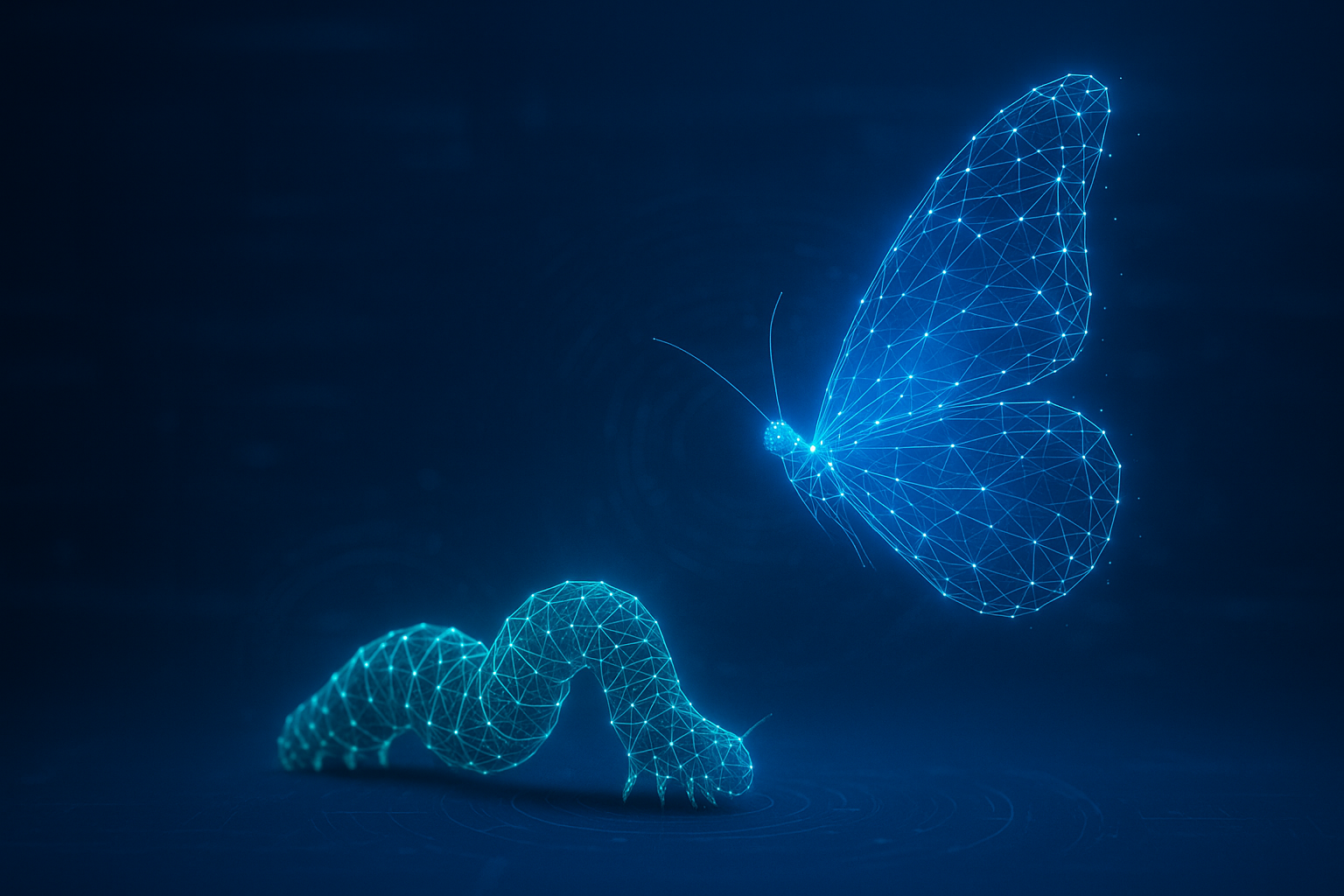 Digital wireframe of a glowing blue butterfly facing outward beside a translucent caterpillar in a futuristic blue setting, symbolising organisational transformation.